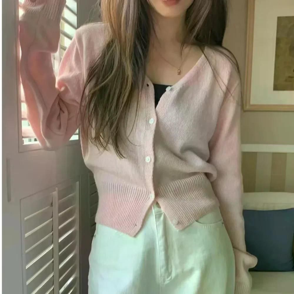 초가을 여성 자른 니트 기본 레이어 탑 v 넥 긴 소매 다목적 카디건 스웨터 자켓 슬림 타입 라운드 칼라 커피 - 상세 이미지 2