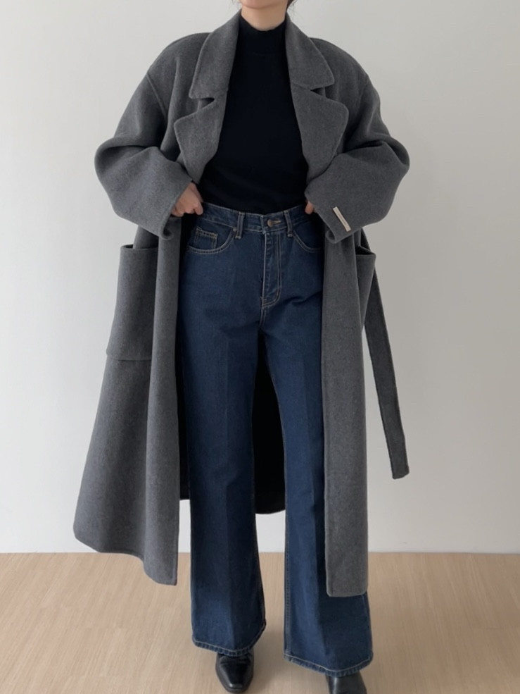 내피포함 카라넥 핸드메이드 울 루즈핏 롱 코트 여성 겨울 상세 이미지 15