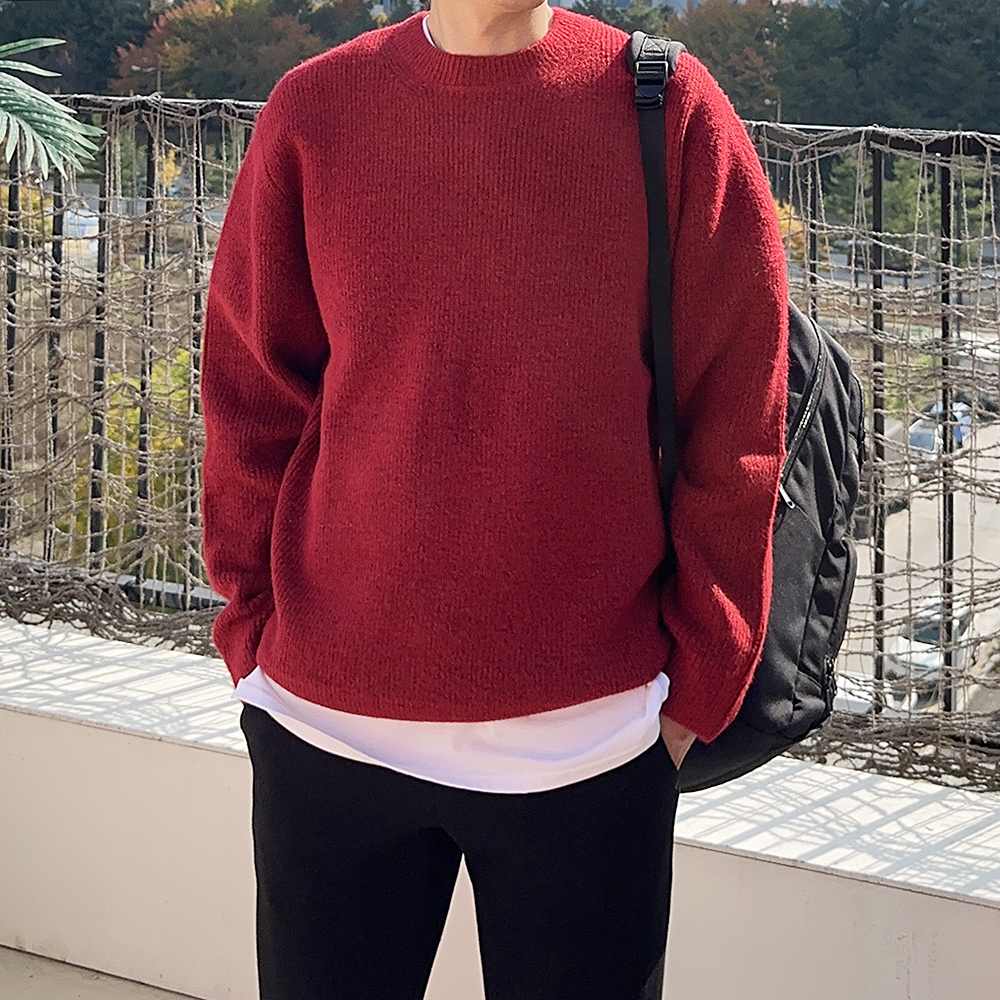남자니트 두꺼운 캐시미어 오버핏 레드 빨간 니트 남자스웨터 - 상품 이미지