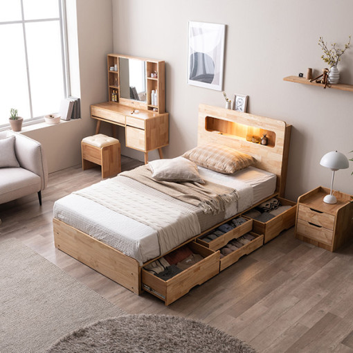 삼익가구 포텐 LED 4단 서랍형 USB 충전 수납 원목 헤드 호텔 침대 프레임 슈퍼싱글 매트리스 제외