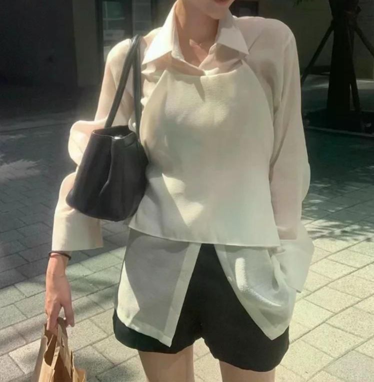 여친 출근 긴팔 셔츠 홀터넥 캐주얼 여성 넥 접이식 백 조끼 여성용 투피스 세트 핑크 S - 상세 이미지 2