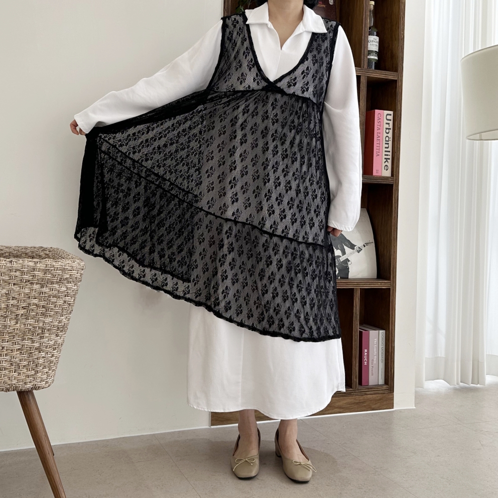 자체제작 빅사이즈 블랙 레이스 시스루 캉캉프릴 플라워 도트 패턴 레이어드 뷔스티에 원피스