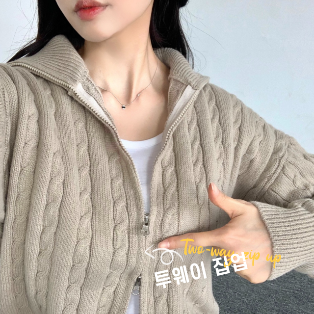 랄프 꽈배기투웨이루즈핏 니트긴팔 카라 반집업꽈배기니트집업 - 상세 이미지 3