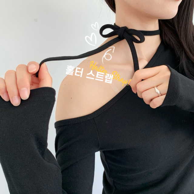 리본 스트랩 언발 오프숄더 긴팔 티셔츠 여리핏 하객룩 - 상품 이미지