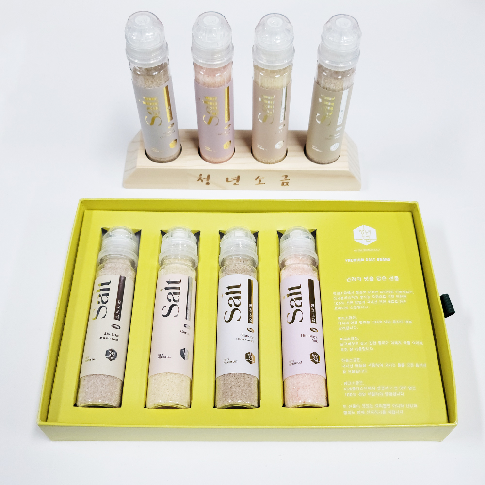 청년소금 고급선물세트 함초표고마늘핑크소금 90g, 4종 소금거치대 투명백 포함 - 상세 이미지 4