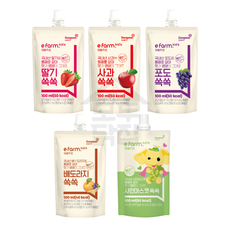 동원홈푸드 이팜키즈 쏙쏙 주스 100ml 아이간식 딸기 사과 포도 배도라지 샤인머스켓 유치원 어린이집 - 상품 이미지