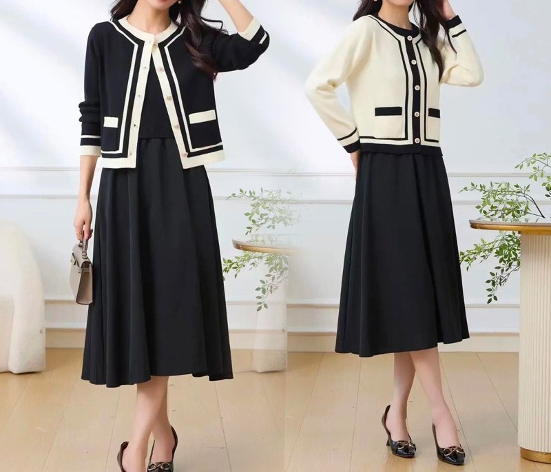 배색라인 도톰가디건 세트 봄원피스 레이어드 민소매원피스