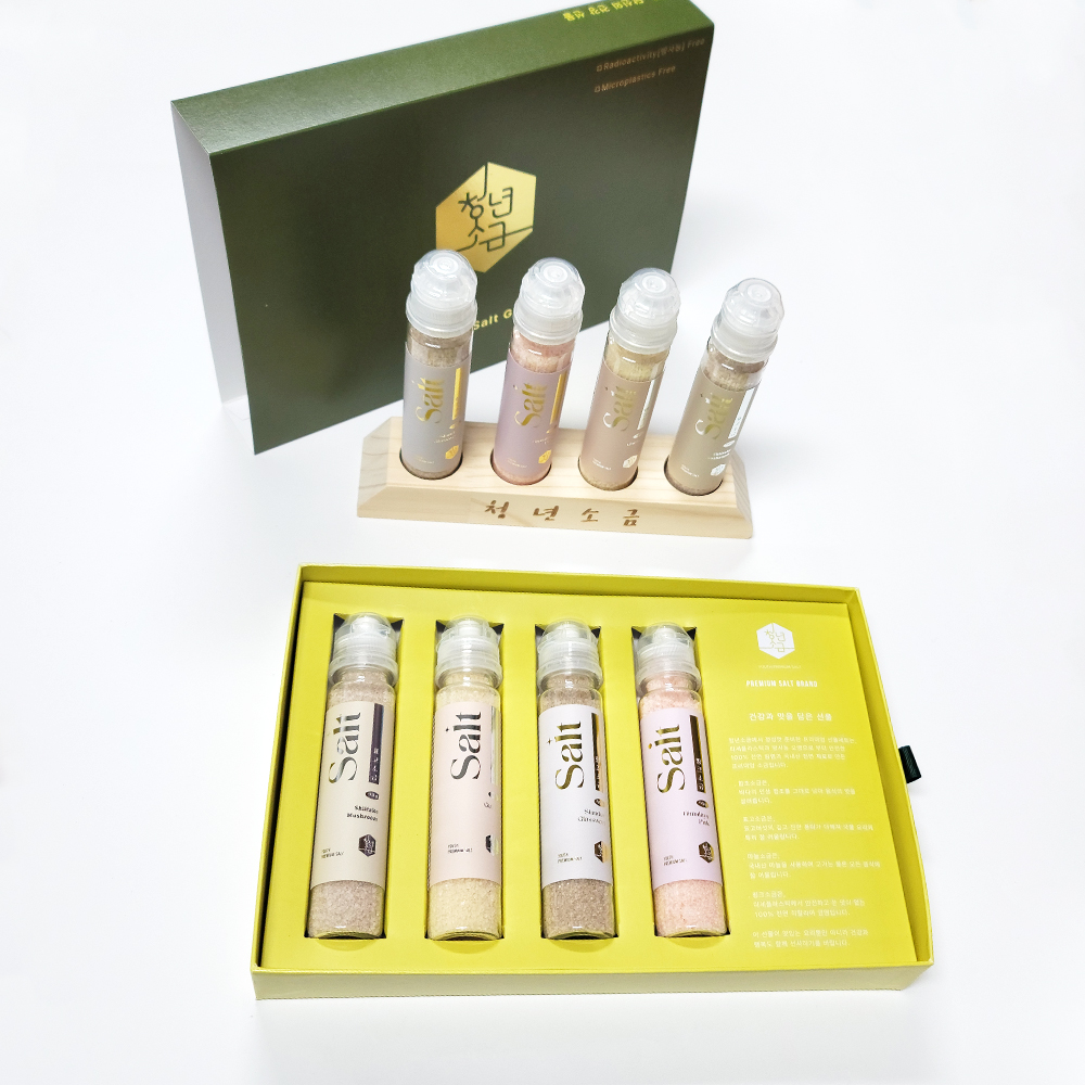청년소금 고급선물세트 함초표고마늘핑크소금 90g, 4종 소금거치대 투명백 포함 - 상세 이미지 3
