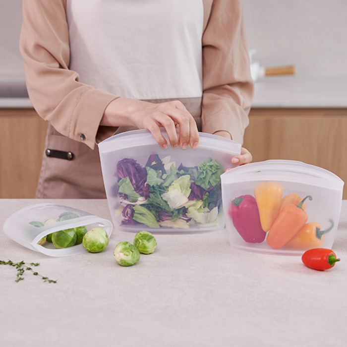 퍼기 3중 밀폐 프리미엄 실리콘 지퍼백 냉장고 보관 세트 (500+850+1500ml)