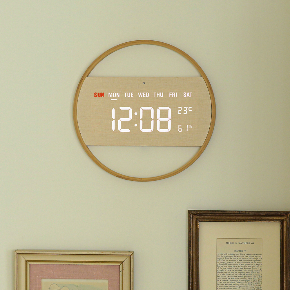 오아 우드 LED 벽시계 디지털 벽걸이 무소음 인테리어 온습도 전자 탁상용 시계 원형
