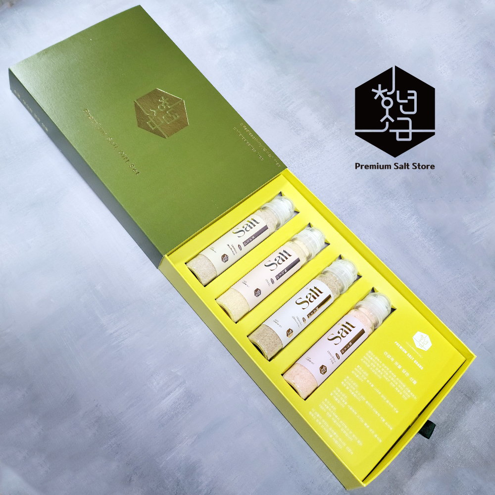 청년소금 고급선물세트 함초표고마늘핑크소금 90g, 4종 소금거치대 투명백 포함 이미지 6