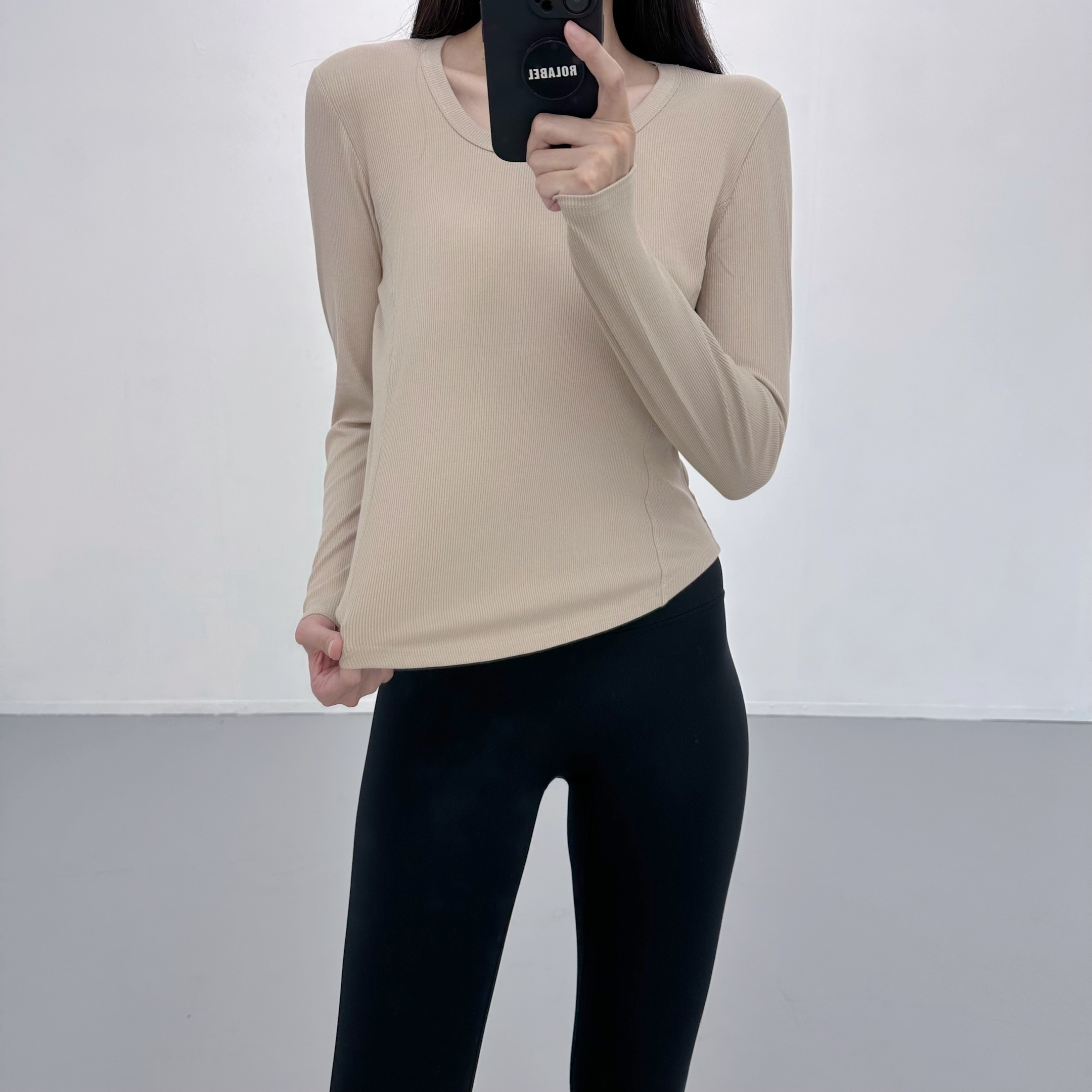 로라벨 뉴어 골지 필라테스복 여성 요가복 필라테스 요가 상의 티셔츠 운동복 커버업 긴팔 - 상세 이미지 3