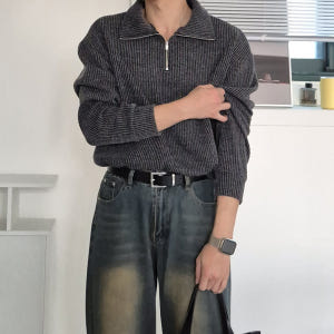남자니트 오버핏 골지 반집업 아노락 커플 니트 착용 후기 | 사이즈/핏 총정리 - 상품 이미지 4