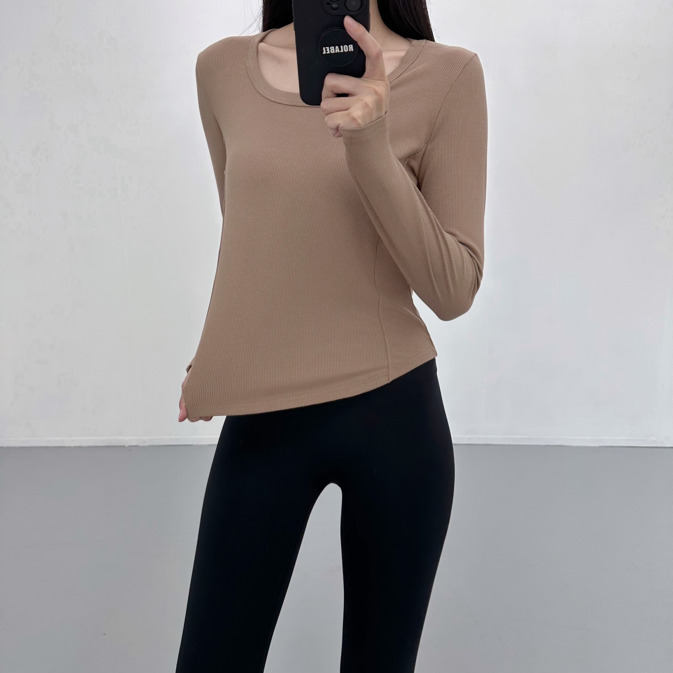로라벨 뉴어 골지 필라테스복 여성 요가복 필라테스 요가 상의 티셔츠 운동복 커버업 긴팔 - 상세 이미지 4