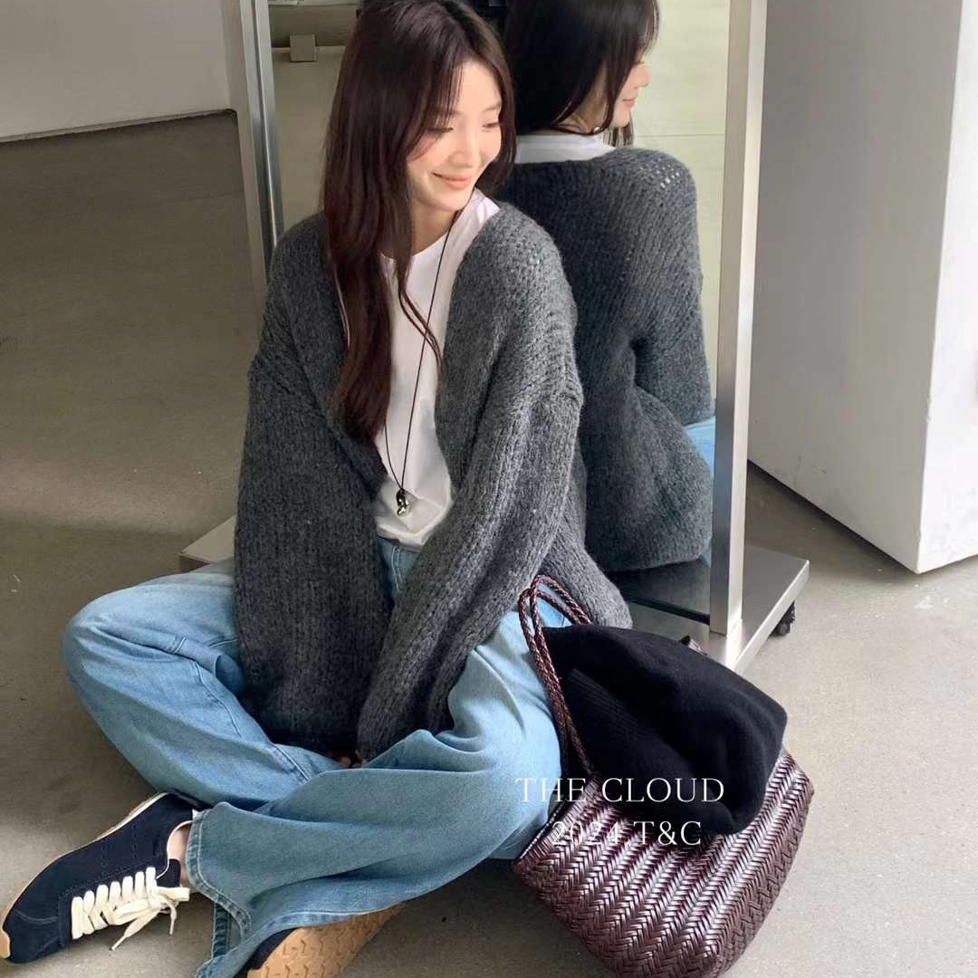 울가디건 루즈핏 니트가디건 손뜨개 짜임 겨울 미시옷 - 상세 이미지 2