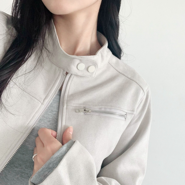 스웨이드 자켓 차이나 카라 세미크롭 집업 점퍼 - 상세 이미지 3