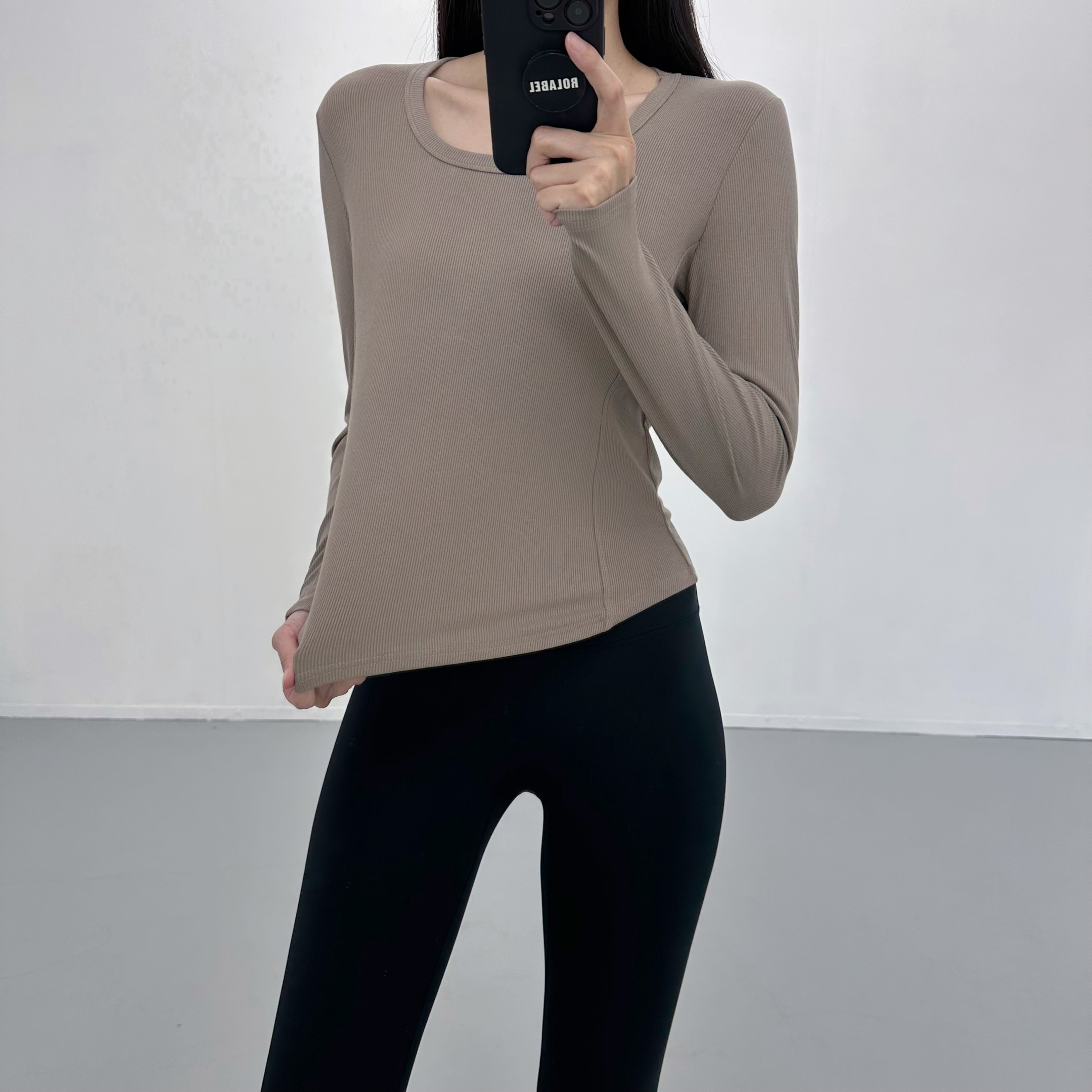 로라벨 뉴어 골지 필라테스복 여성 요가복 필라테스 요가 상의 티셔츠 운동복 커버업 긴팔 - 상세 이미지 5