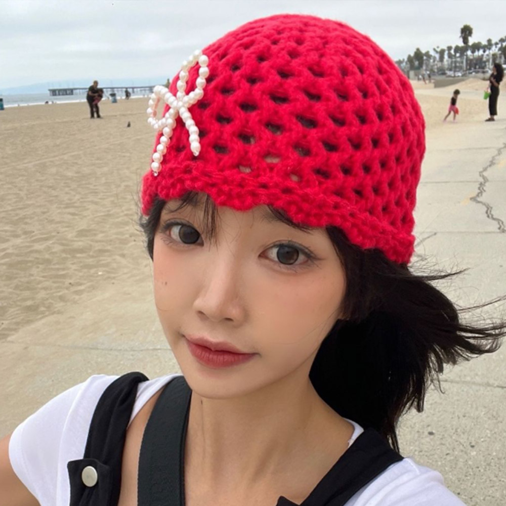 손뜨개 진주 리본 펀칭 비니 겨울니트모자 - 상품 이미지