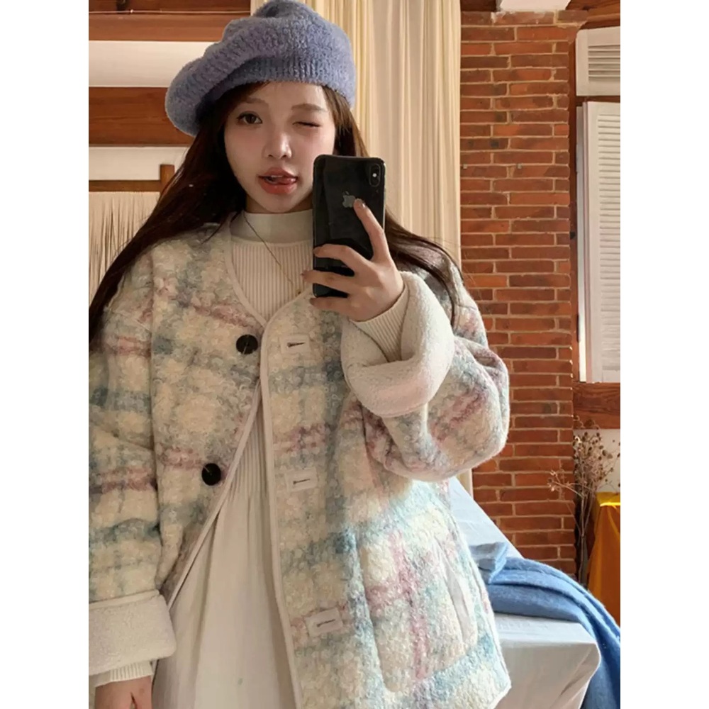 양면 체크 후리스점퍼 모조양털 루즈핏 귀여운 데일리 캐주얼 가을 겨울 아우터 2컬러 - 상세 이미지 3