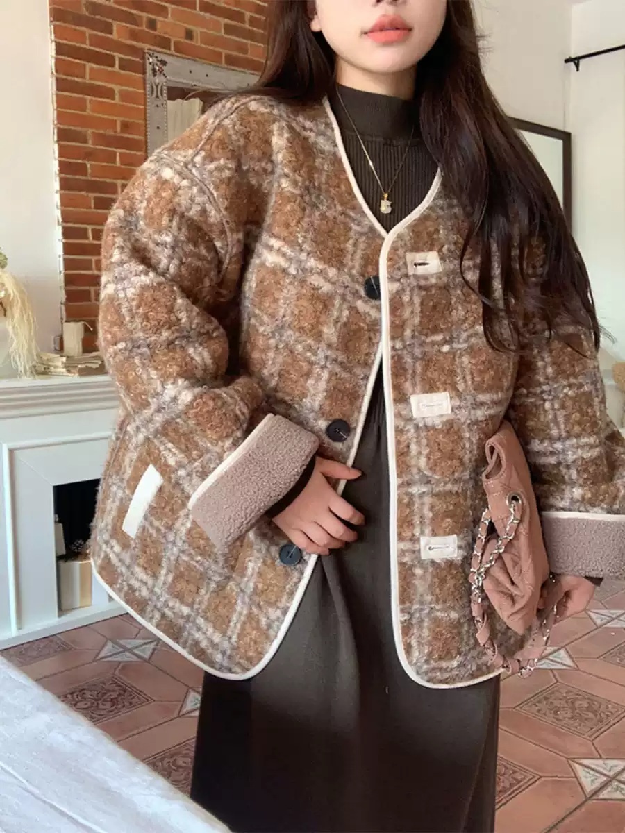 양면 체크 후리스점퍼 모조양털 루즈핏 귀여운 데일리 캐주얼 가을 겨울 아우터 2컬러 - 상세 이미지 5