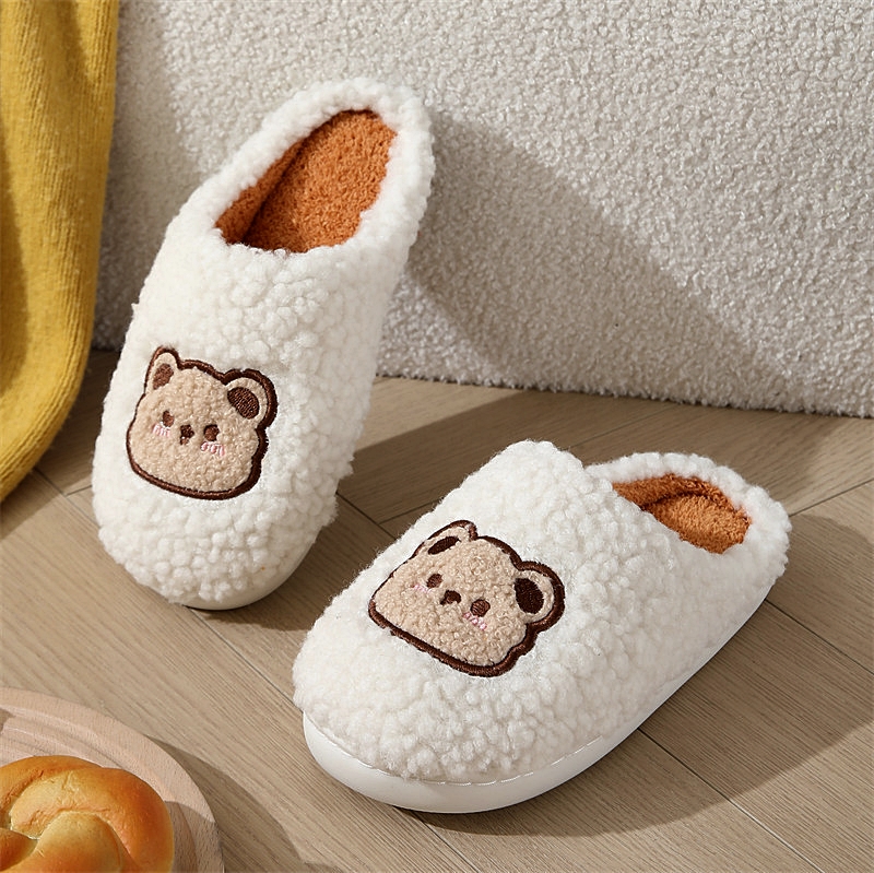 털실내화 겨울 방한 실내 거실 슬리퍼 층간소음 거실화 사무실 곰돌이 캐릭터 크림화이트