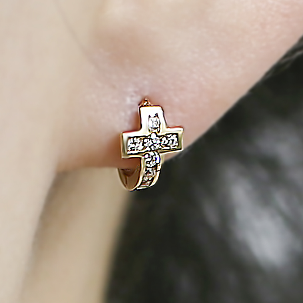 14K십자가귀걸이 14케이 18K 여자 명품 데일리 귀고리 십자가 원터치 금 링 귀걸이 - 상품 이미지
