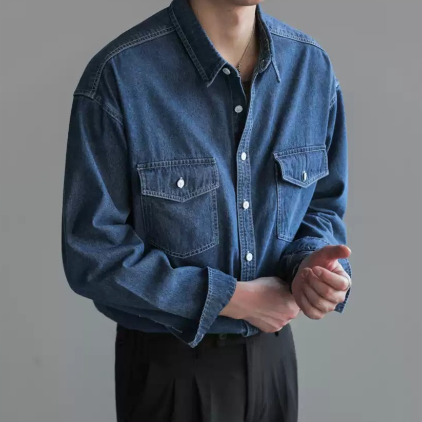 순면 데님 청남방셔츠 루즈핏 고급 남자연예인 예능 패션 코디 봄 가을 간절기 2컬러 - 상품 이미지