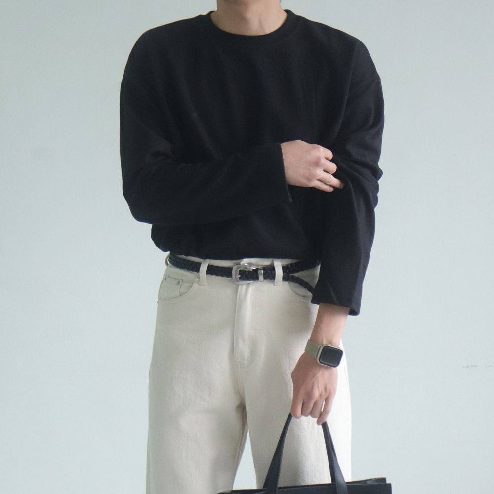 남자 긴팔티 오버핏 레이어드 이너 무지 흰색 티셔츠 - 상세 이미지 2