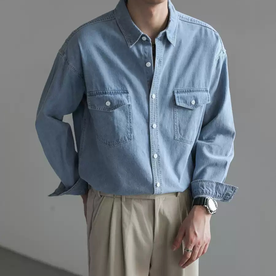 순면 데님 청남방셔츠 루즈핏 고급 남자연예인 예능 패션 코디 봄 가을 간절기 2컬러 - 상세 이미지 2