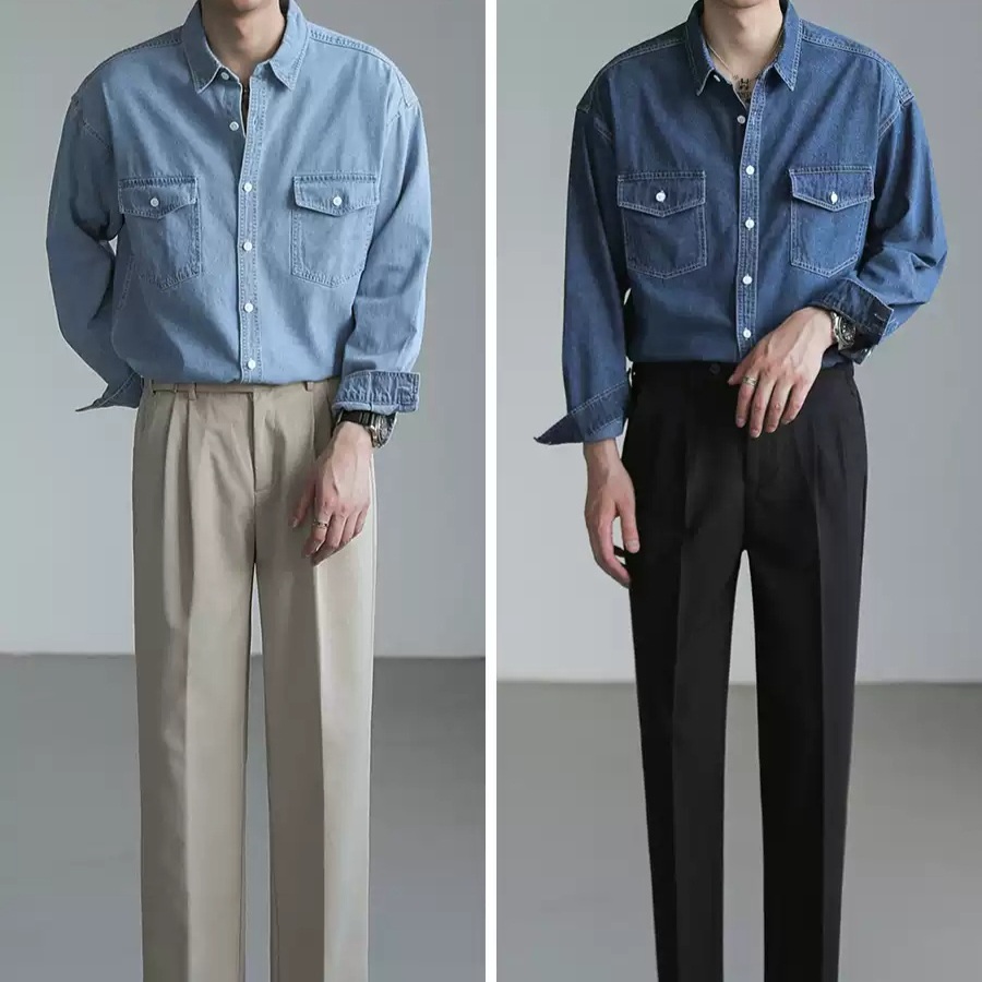 순면 데님 청남방셔츠 루즈핏 고급 남자연예인 예능 패션 코디 봄 가을 간절기 2컬러 - 상세 이미지 3