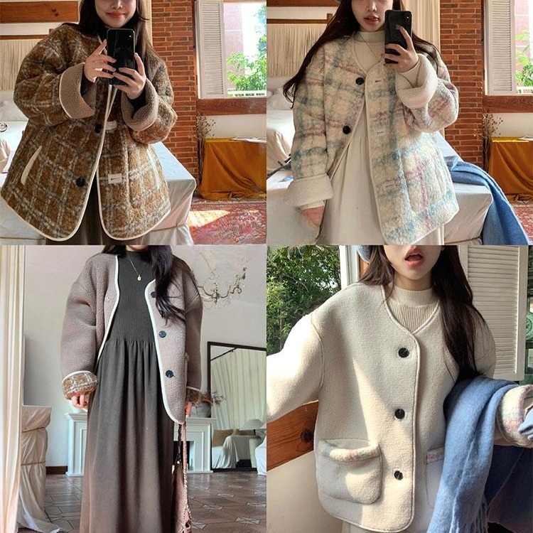 양면 체크 후리스점퍼 모조양털 루즈핏 귀여운 데일리 캐주얼 가을 겨울 아우터 2컬러 - 상품 이미지