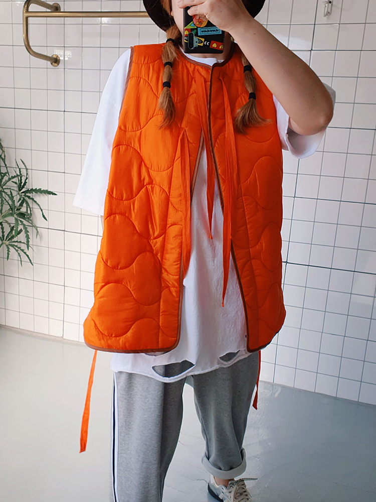 (무배) 깔깔이 누빔 패딩 리본 조끼 베스트