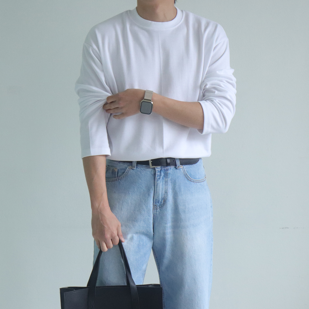 남자 긴팔티 오버핏 레이어드 이너 무지 흰색 티셔츠 - 상품 이미지