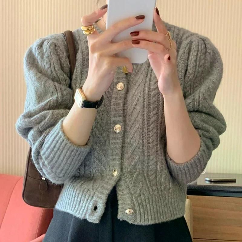 가을 올 가디건 라운드 넥 여성 울 패턴 싱글 브레스트 느슨한 캐주얼 긴 소매 니트 스웨터 라이트 카드 - 메인 이미지
