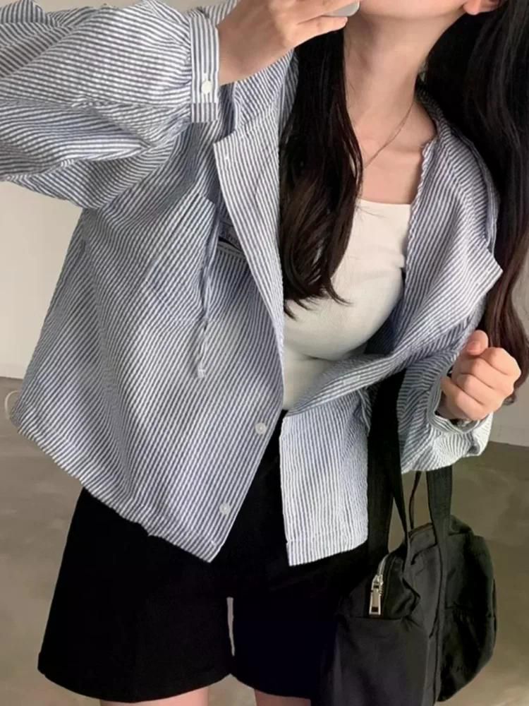 세련된 가을 야상 집업 오버핏 롱 우아한 스트라이프 컬러 차단 후드 루즈핏 크롭 자켓 여성 - 상세 이미지 2