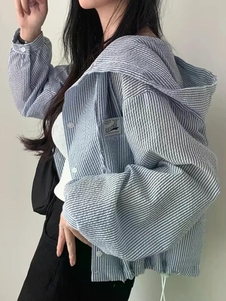 세련된 가을 야상 집업 오버핏 롱 우아한 스트라이프 컬러 차단 후드 루즈핏 크롭 자켓 여성 - 상세 이미지 4