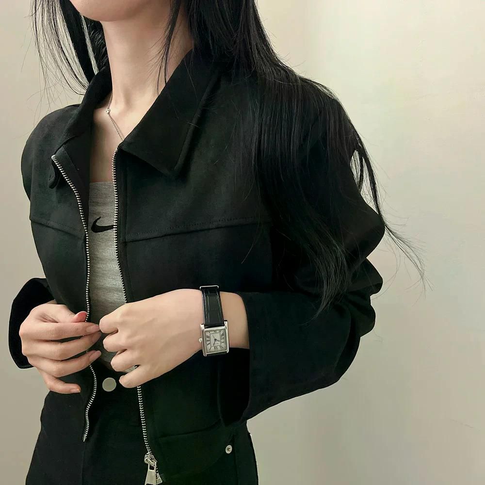자켓 여성 트위드 가을 싱글 심플하고 다양한 가죽 벨벳 겉옷 짧은 감각 재킷 오버핏 블랙 - 상세 이미지 3