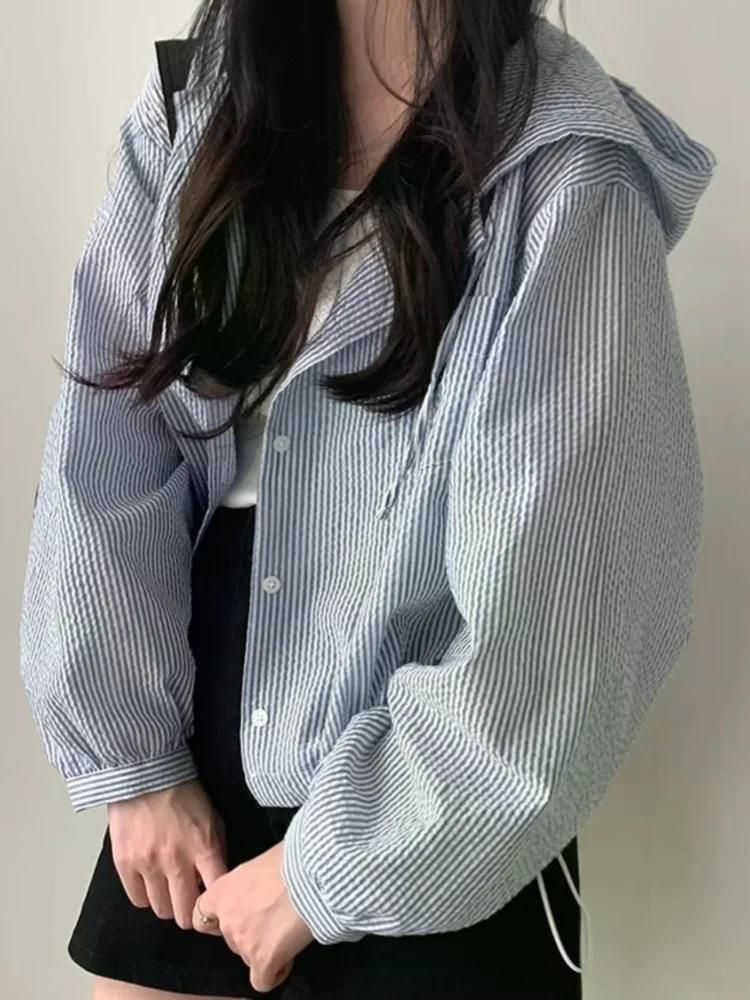 세련된 가을 야상 집업 오버핏 롱 우아한 스트라이프 컬러 차단 후드 루즈핏 크롭 자켓 여성 - 상세 이미지 5