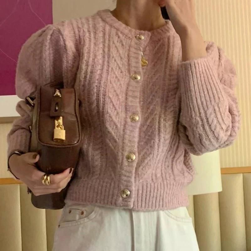 가을 올 가디건 라운드 넥 여성 울 패턴 싱글 브레스트 느슨한 캐주얼 긴 소매 니트 스웨터 라이트 카드 - 상세 이미지 2