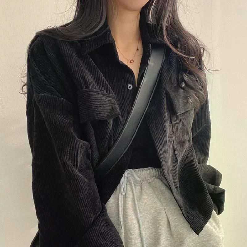 가을 겨울 셔츠 자켓 여성 루즈 피트 틈새 디자인 감각 싱글 브레스트 크롭 탑 편한 여자 카레 XL - 상세 이미지 4