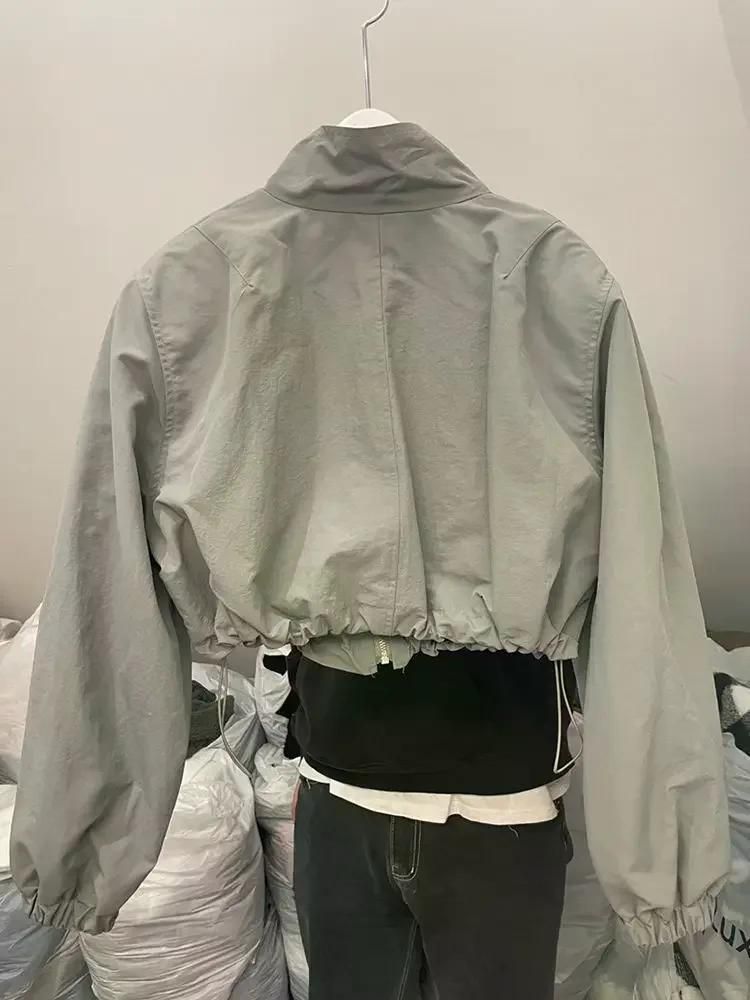 점퍼 다운 후드 칼라 얇은 탑 지퍼 카디건 슬리브 가을 스포츠 자켓 트렌디 야상 누빔 집업 그레이 S - 상세 이미지 4