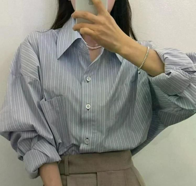 회사 직장 여성 세련된 스트라이프 셔츠 레이어드 감각성 긴 소매 점퍼 우아한 내부 옷깃 탑 블루 - 상세 이미지 4