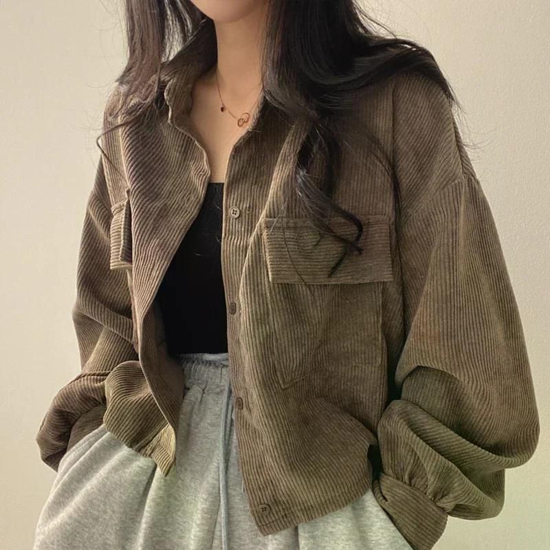 가을 겨울 셔츠 자켓 여성 루즈 피트 틈새 디자인 감각 싱글 브레스트 크롭 탑 편한 여자 카레 XL - 상세 이미지 3