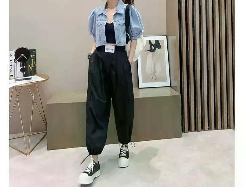 실내 여성 자켓 느슨한 얇은 짧은 데님 재킷 트렌디 탑 퍼프 슬리브 유행 트위드 가을 싱글 연청 XL - 상세 이미지 5