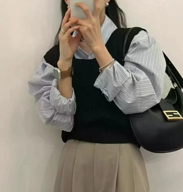회사 직장 여성 세련된 스트라이프 셔츠 레이어드 감각성 긴 소매 점퍼 우아한 내부 옷깃 탑 블루 - 상세 이미지 2