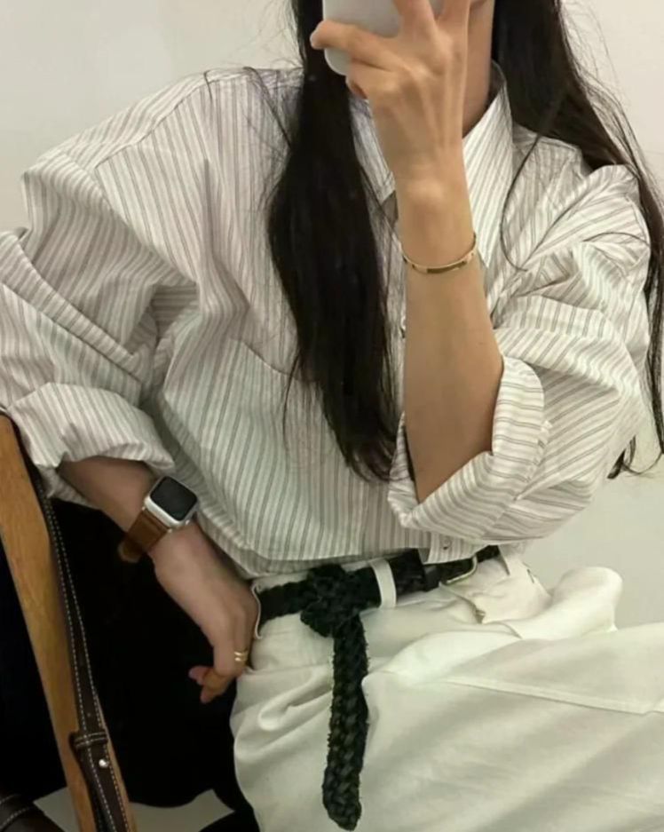 회사 직장 여성 세련된 스트라이프 셔츠 레이어드 감각성 긴 소매 점퍼 우아한 내부 옷깃 탑 블루 - 상세 이미지 3