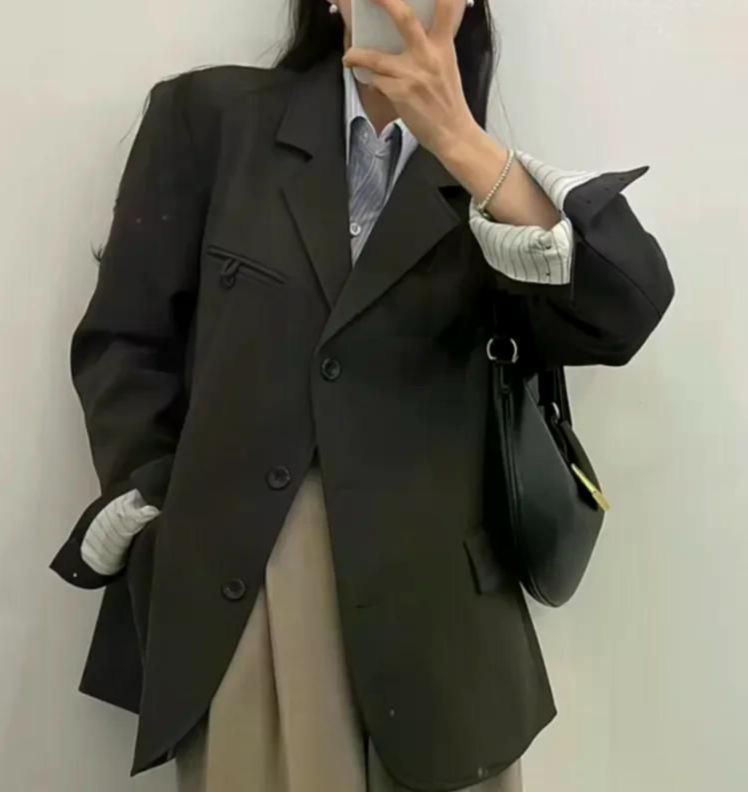 회사 직장 여성 세련된 스트라이프 셔츠 레이어드 감각성 긴 소매 점퍼 우아한 내부 옷깃 탑 블루 - 상세 이미지 5