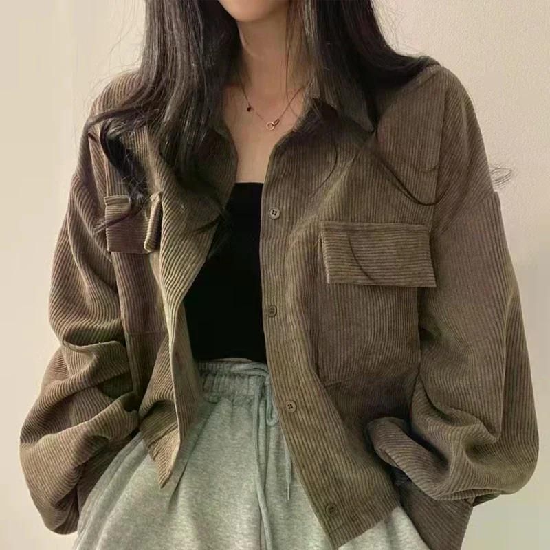 가을 겨울 셔츠 자켓 여성 루즈 피트 틈새 디자인 감각 싱글 브레스트 크롭 탑 편한 여자 카레 XL - 상세 이미지 2
