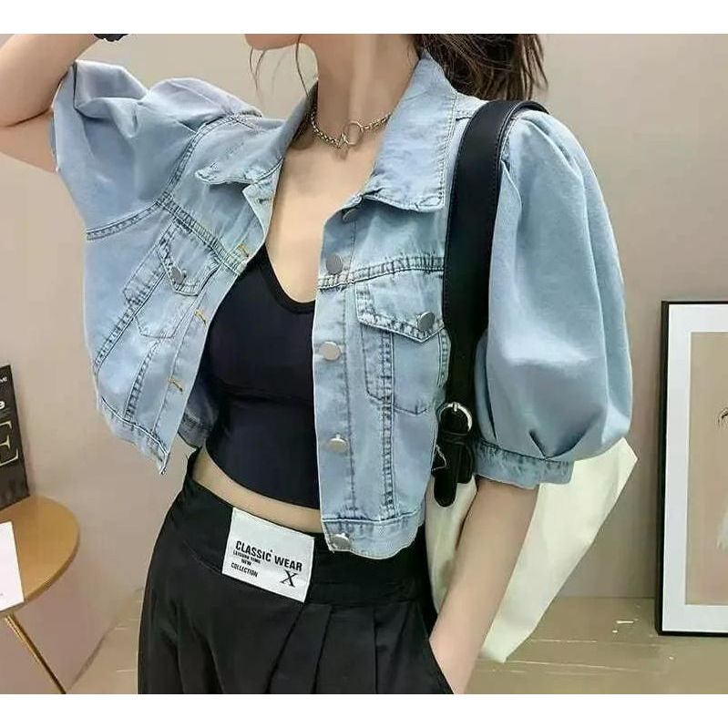 실내 여성 자켓 느슨한 얇은 짧은 데님 재킷 트렌디 탑 퍼프 슬리브 유행 트위드 가을 싱글 연청 XL
