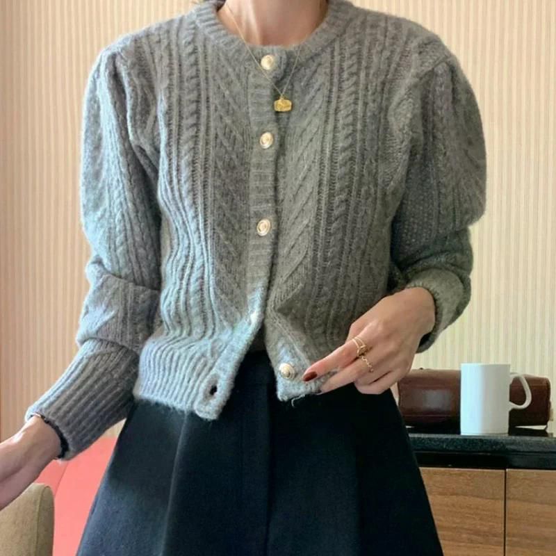 가을 올 가디건 라운드 넥 여성 울 패턴 싱글 브레스트 느슨한 캐주얼 긴 소매 니트 스웨터 라이트 카드 - 상세 이미지 4
